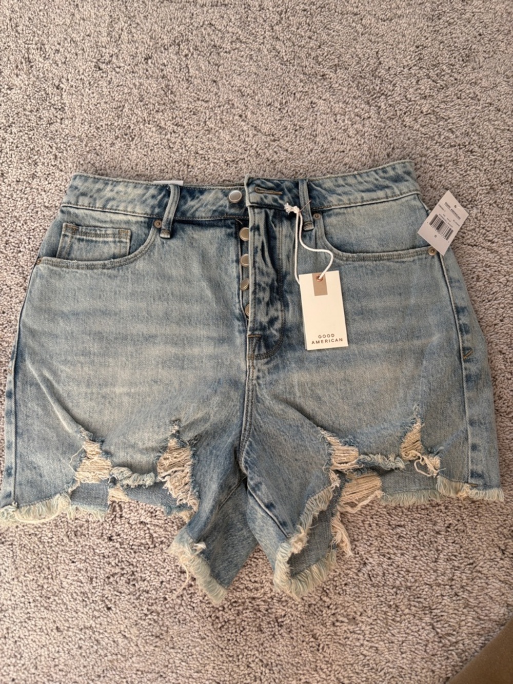 Good American Washed Blue Distressed High-Rise Denim Shorts